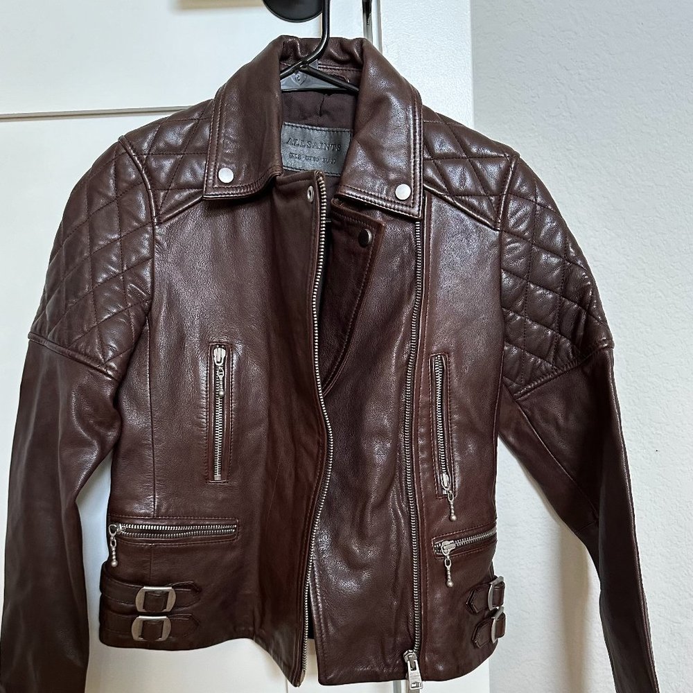 Barely Worn Burgundy/Brown AllSaints Armstead Biker Leather Jacket in Size 00
